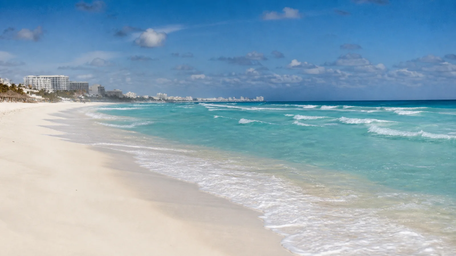 White sandy beach meets turquoise surf beneath distant waterfront hotels.