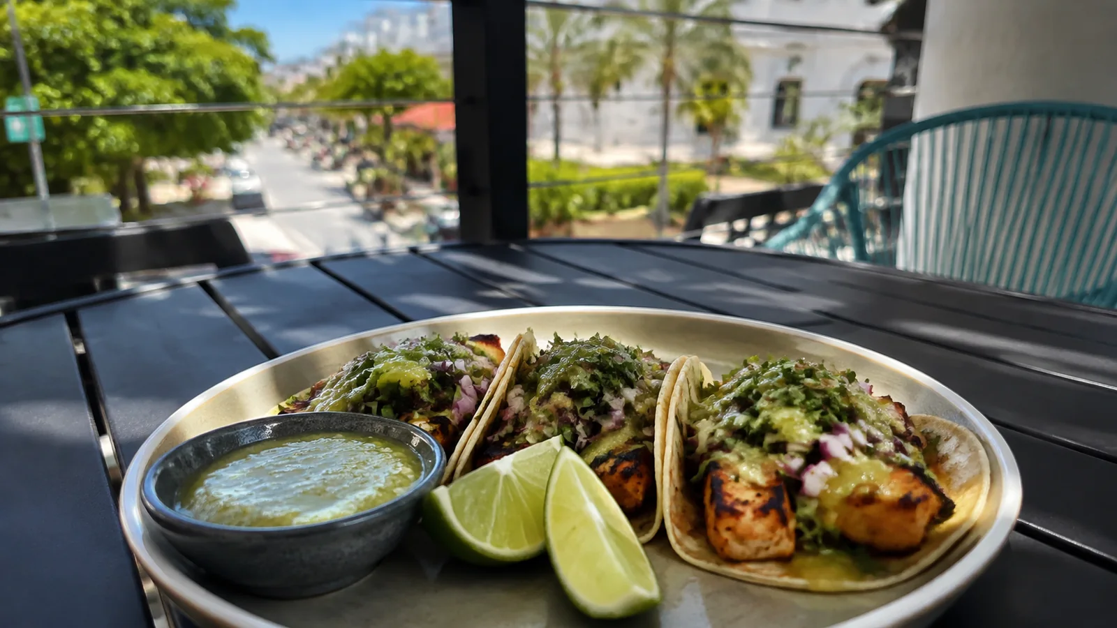 Tacos with green salsa and lime served on an outdoor table.