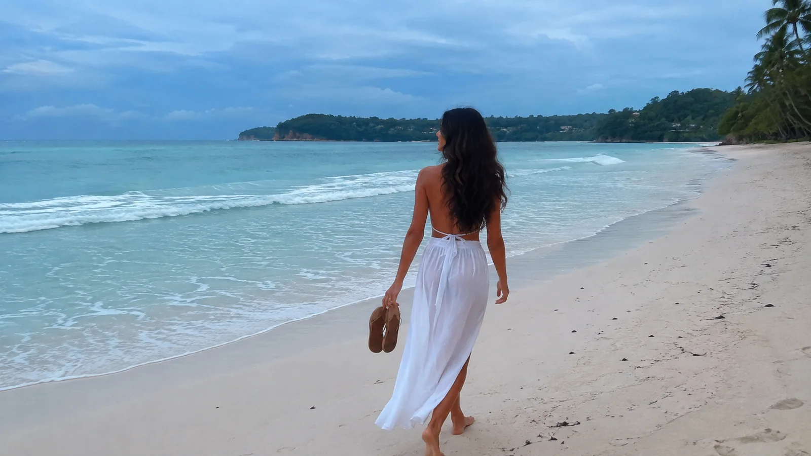 Woman carries sandals while walking barefoot along a tropical beach.