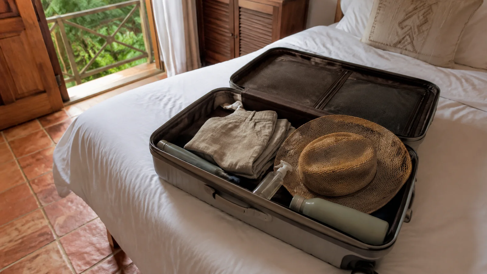 Open suitcase holds folded clothing and a straw hat.