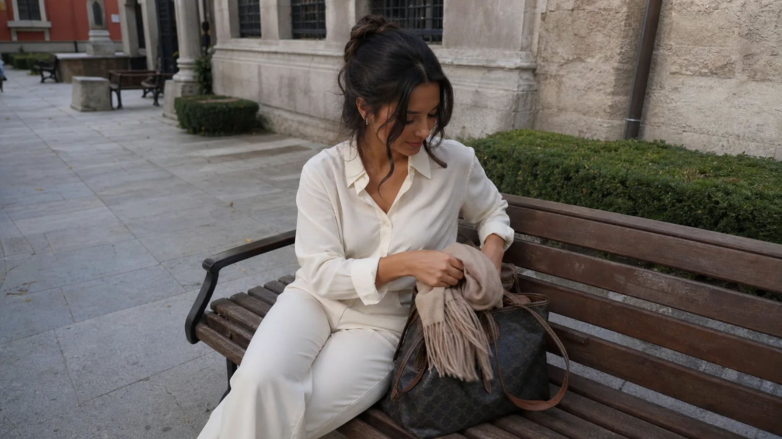 Woman arranges a scarf in her bag while seated on a bench.