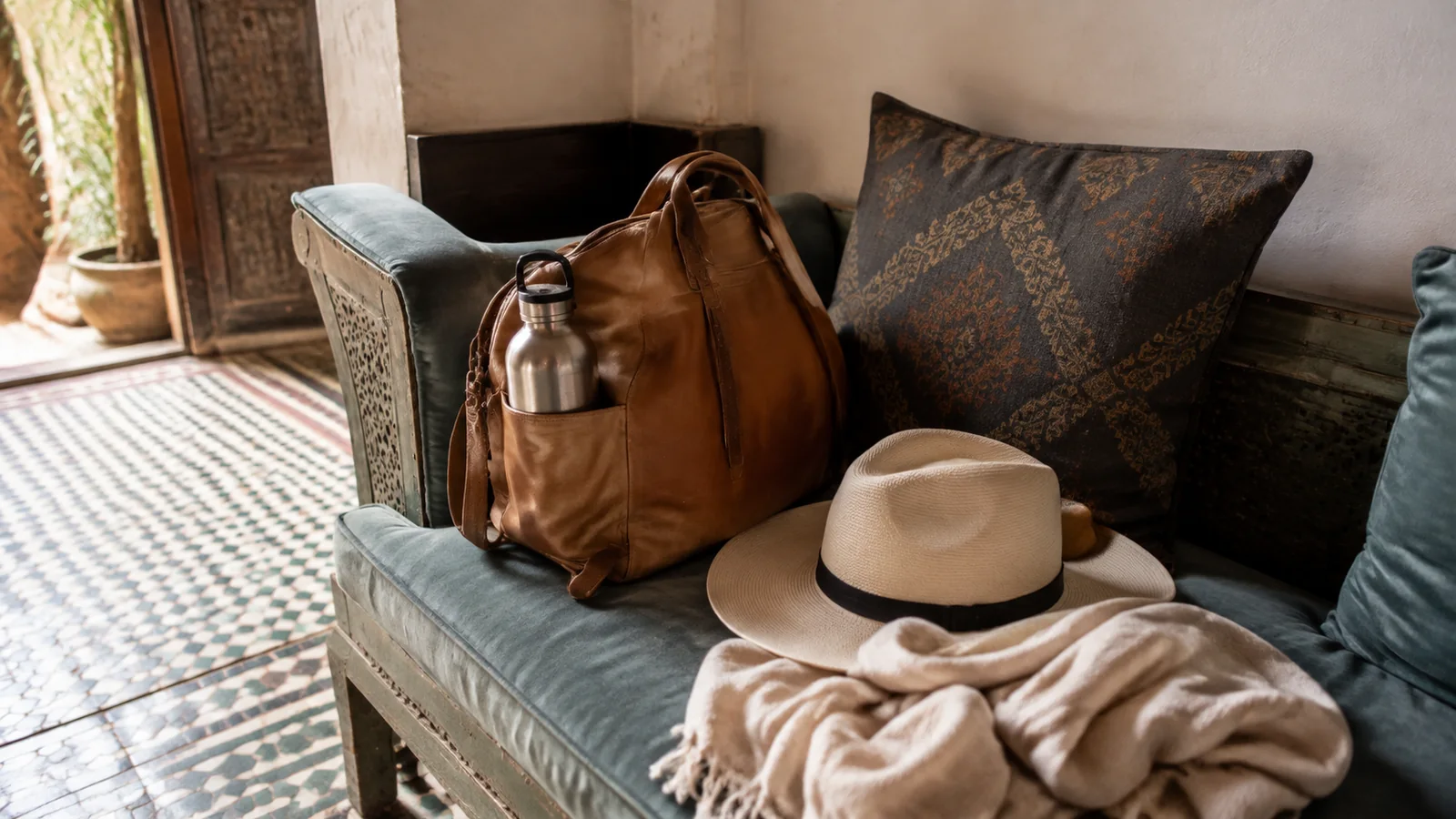 Shoulder bag, reusable bottle, sun hat, and scarf rest on a cushioned seat.
