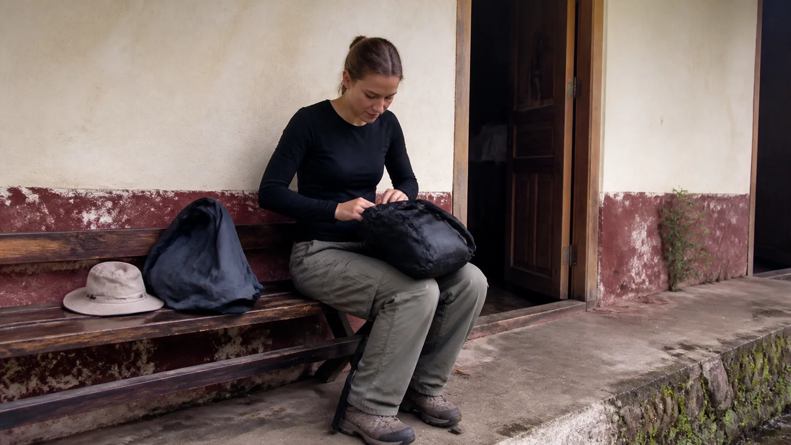 Traveler checks a bag while seated on a bench in a courtyard.
