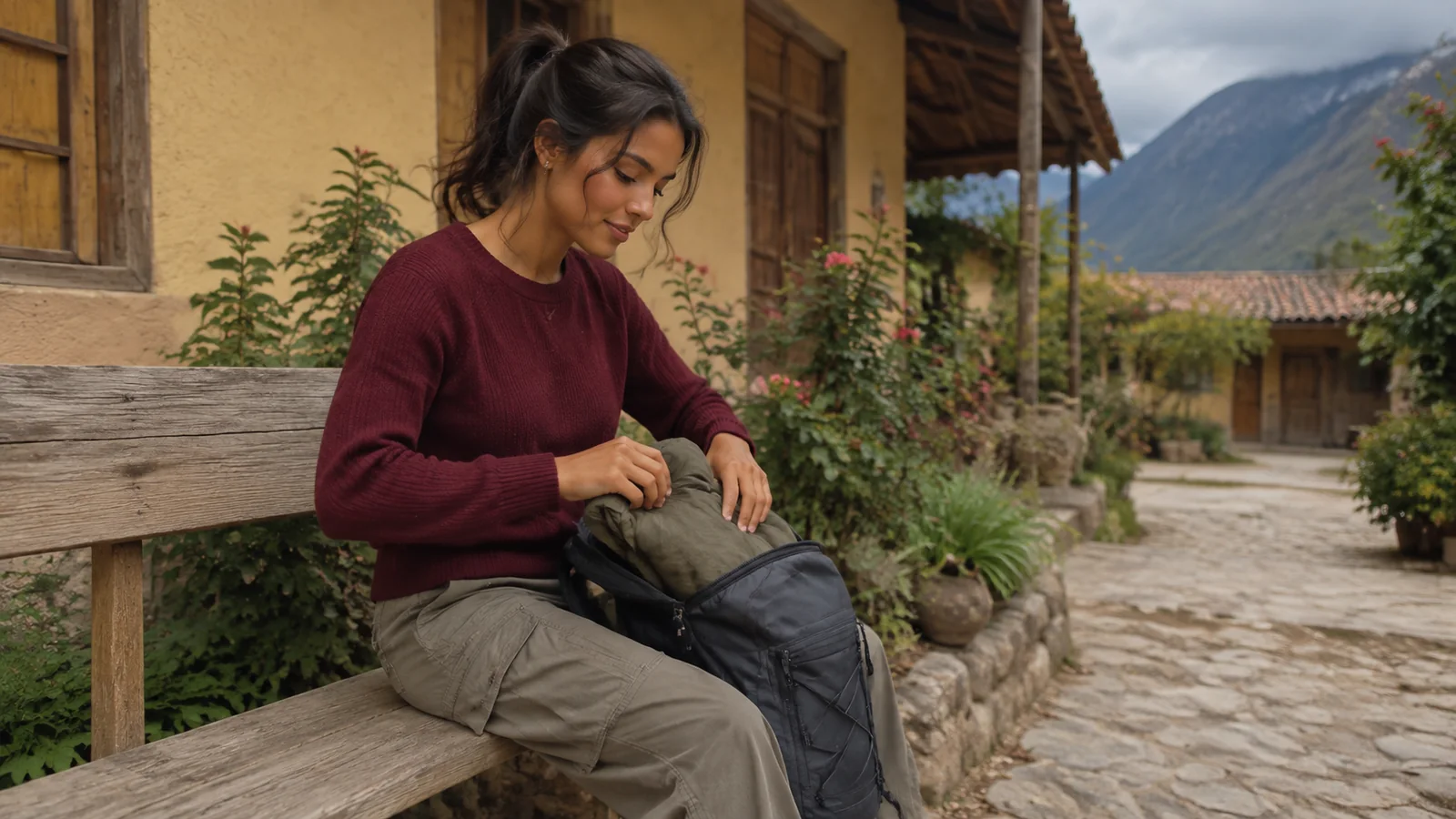 Woman packs a backpack while seated outside a mountain guesthouse.