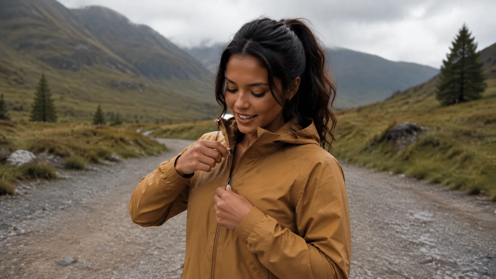 Woman zips a rain jacket on a gravel path through mountain scenery.