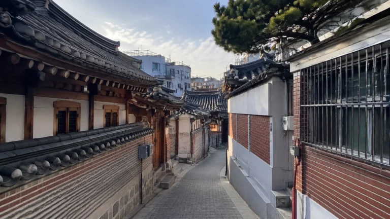 Narrow lane runs between traditional buildings with tiled roofs.