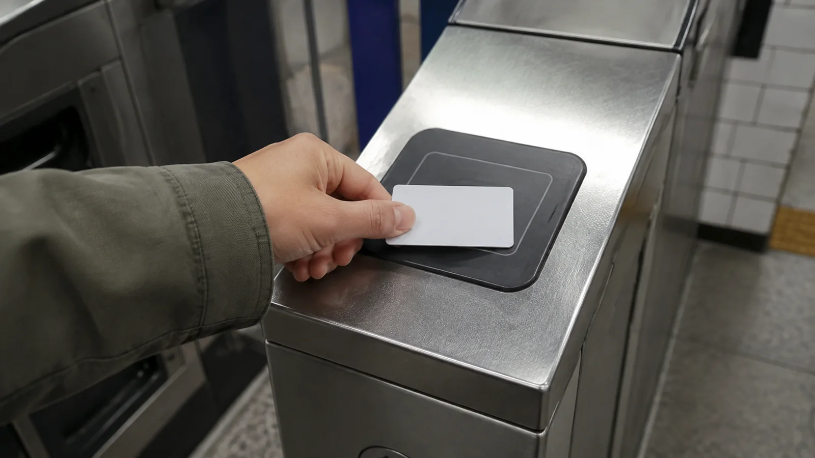 Hand taps a plain transit card against a station ticket gate reader.