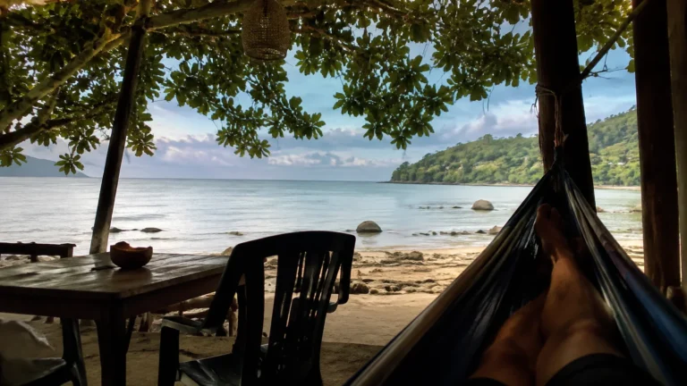 Hammock and cafe seating shaded by trees beside a tropical beach.