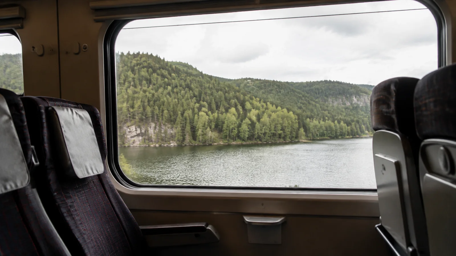 Empty train seats beside a window overlooking a forested lake.