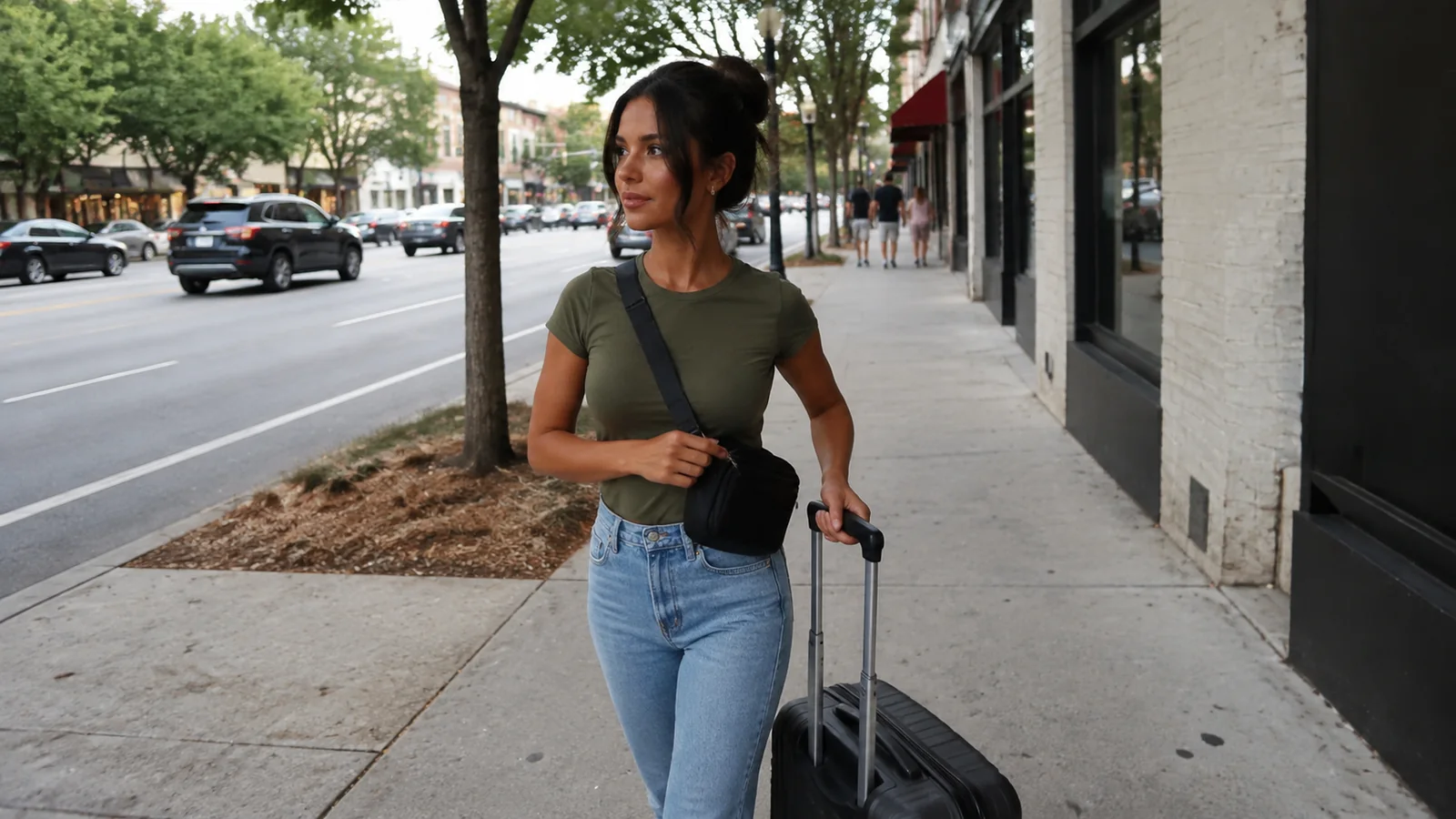 Woman pulling a suitcase along a shaded city sidewalk.