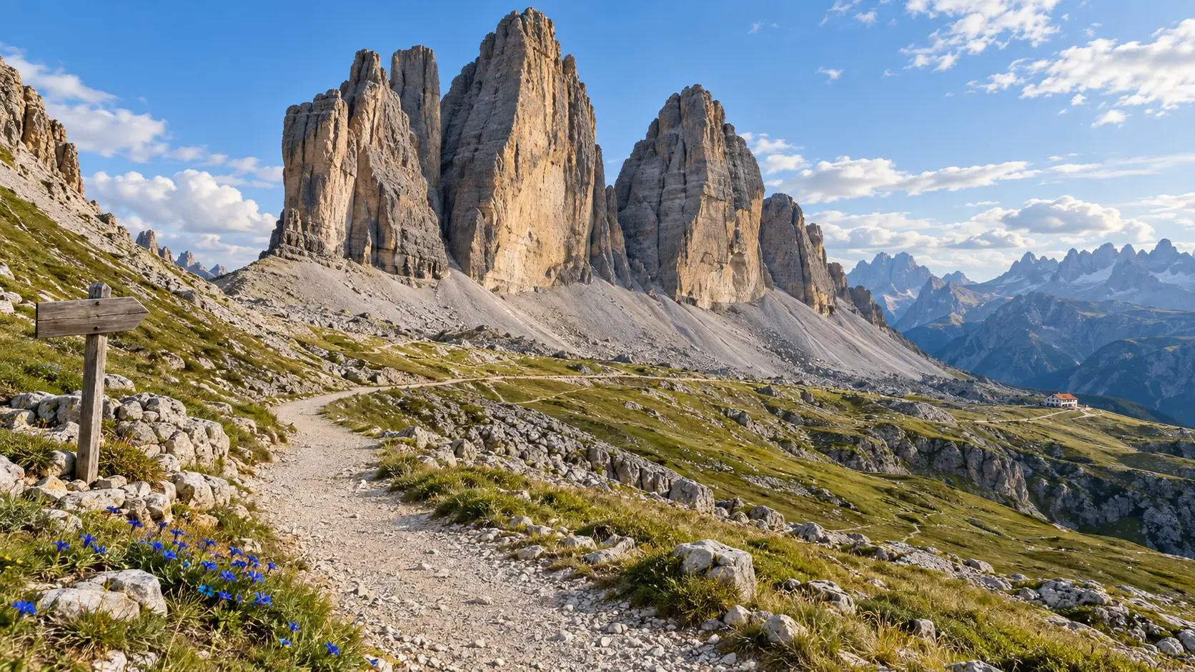The Tre Cime di Lavaredo Loop beneath the three limestone towers in the Italian Dolomites.