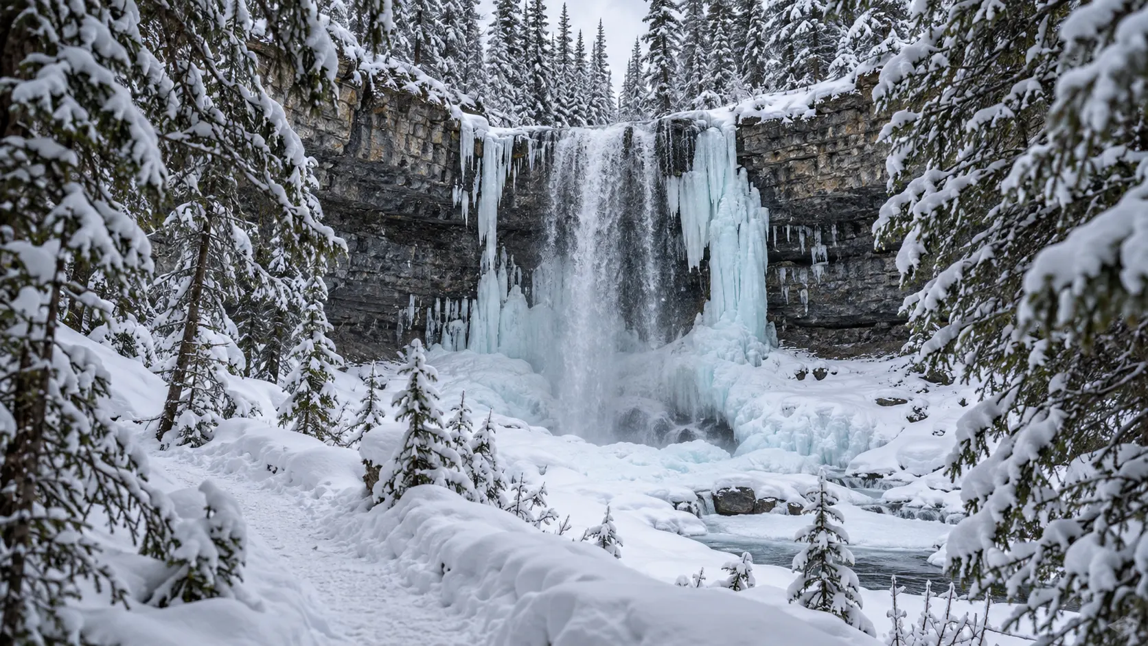 Troll Falls forms blue ice columns in a snowy Kananaskis forest.