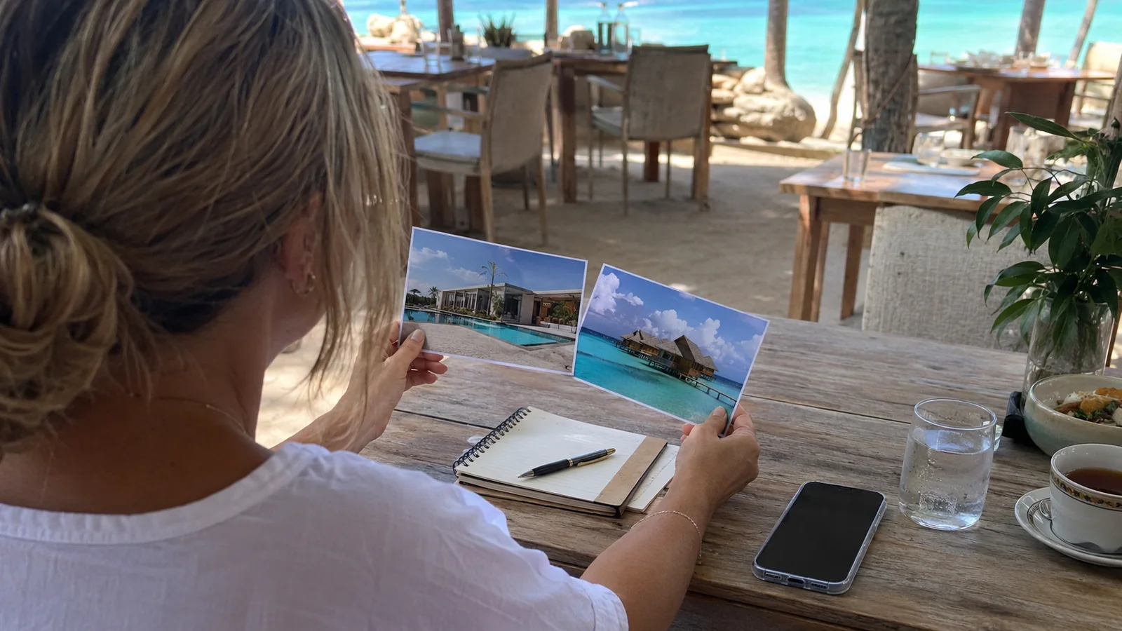 Woman reviewing printed bungalow photos at a beachside table