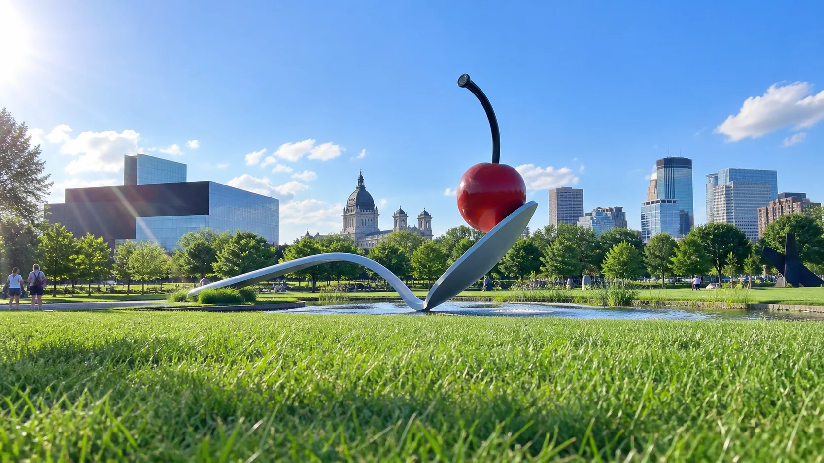 The Spoonbridge and Cherry sculpture in the Minneapolis Sculpture Garden on a sunny day.