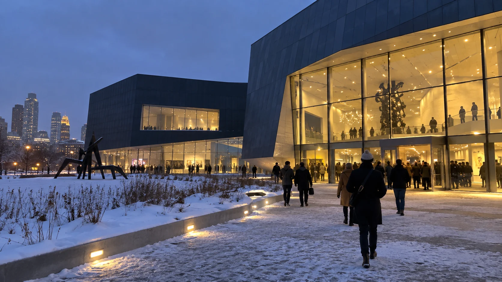 Modern exterior of the Walker Art Center in Minneapolis during free visiting hours.