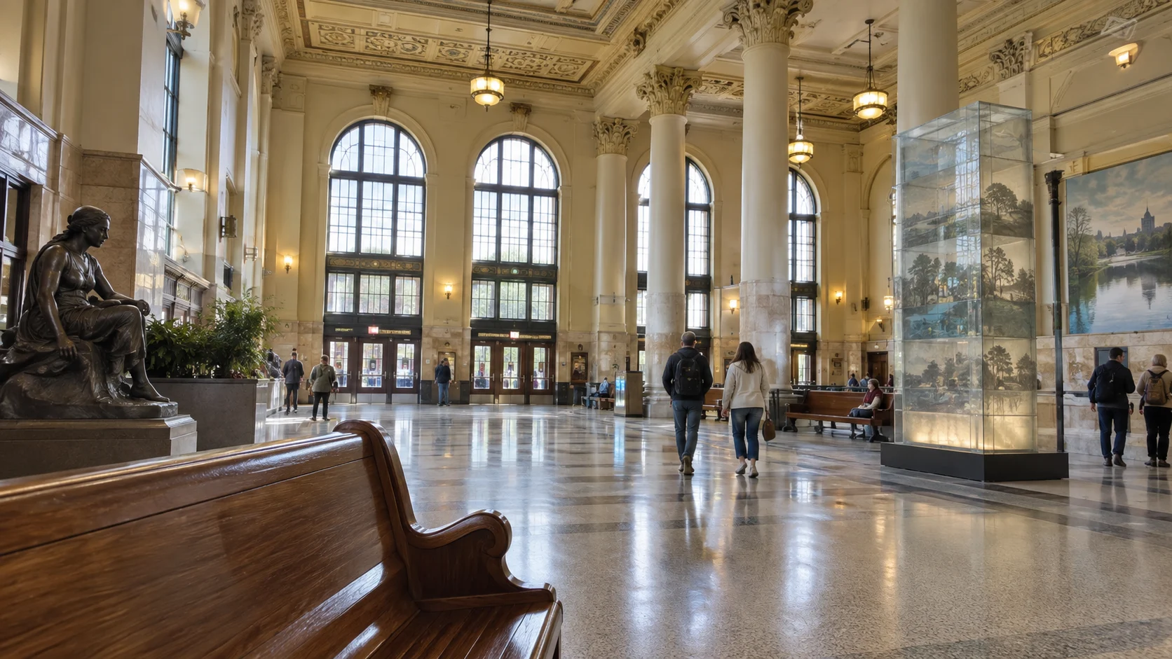 Grand interior concourse and public art at Saint Paul Union Depot.
