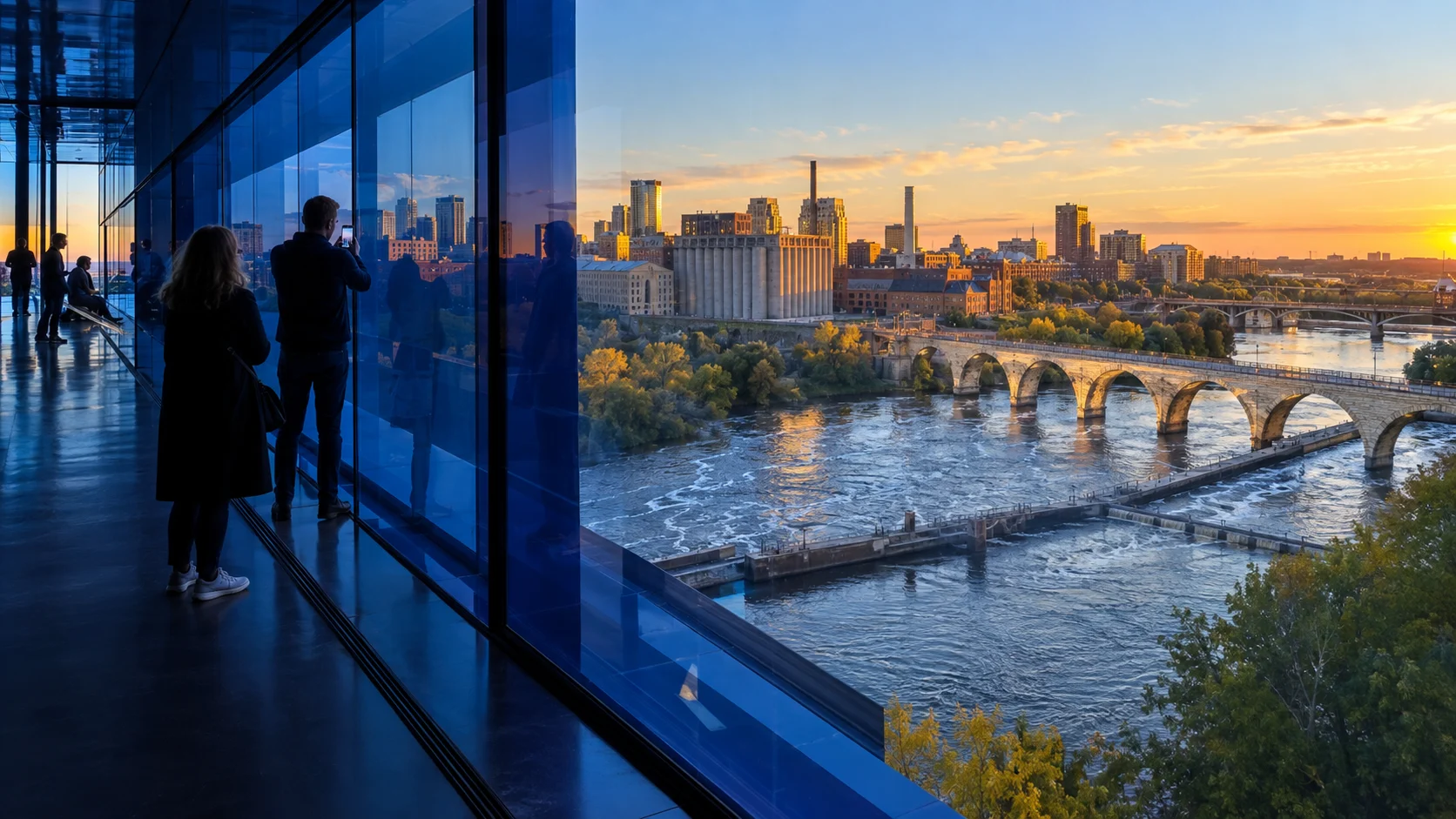 Mississippi River and Minneapolis skyline viewed through the Guthrie Theater windows.