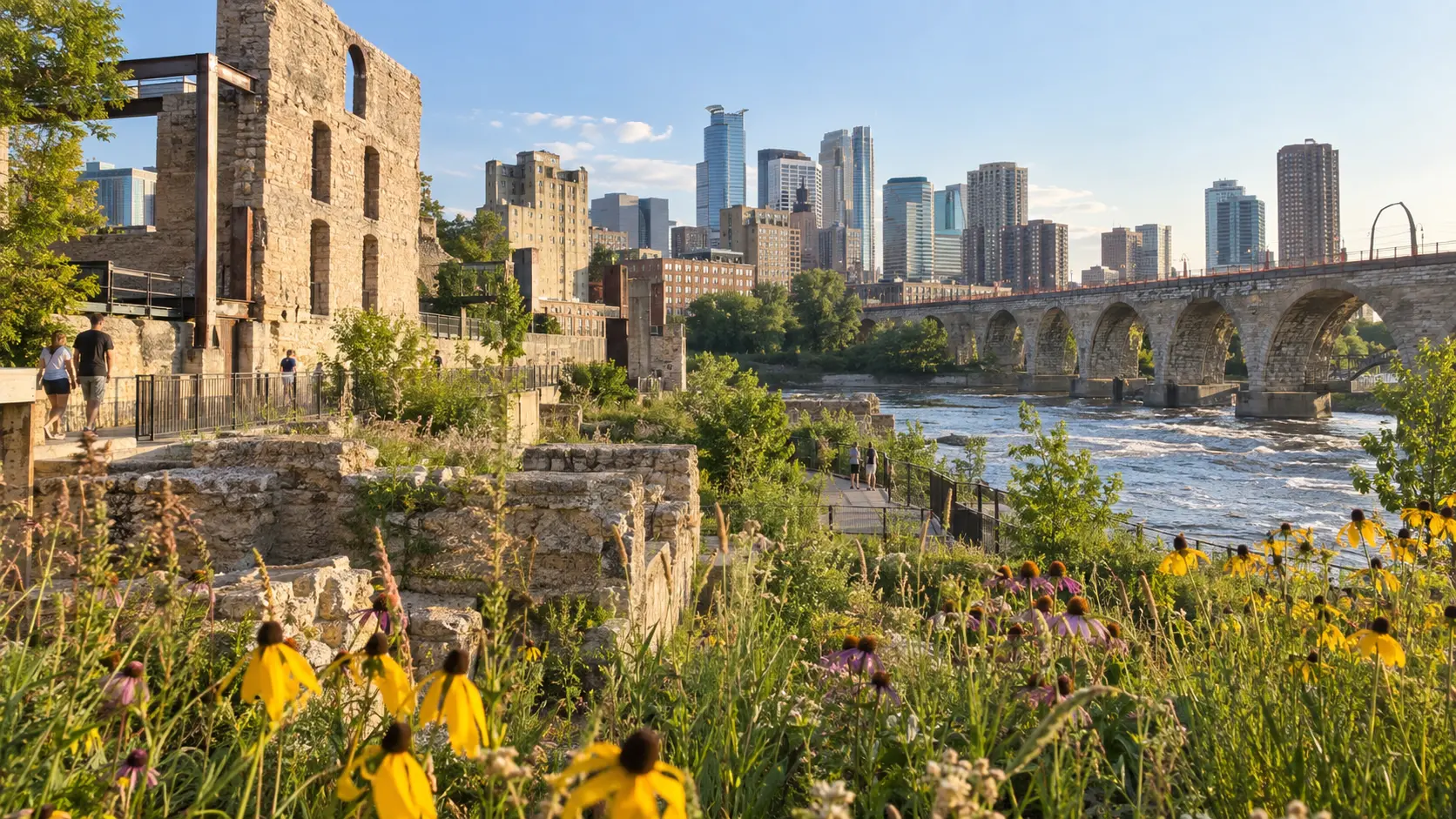 Stone mill ruins beside the Mississippi River in downtown Minneapolis.