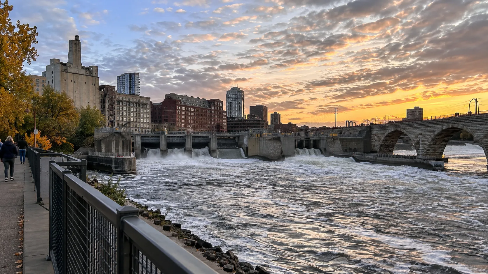 St. Anthony Falls and the Mississippi riverfront in Minneapolis.