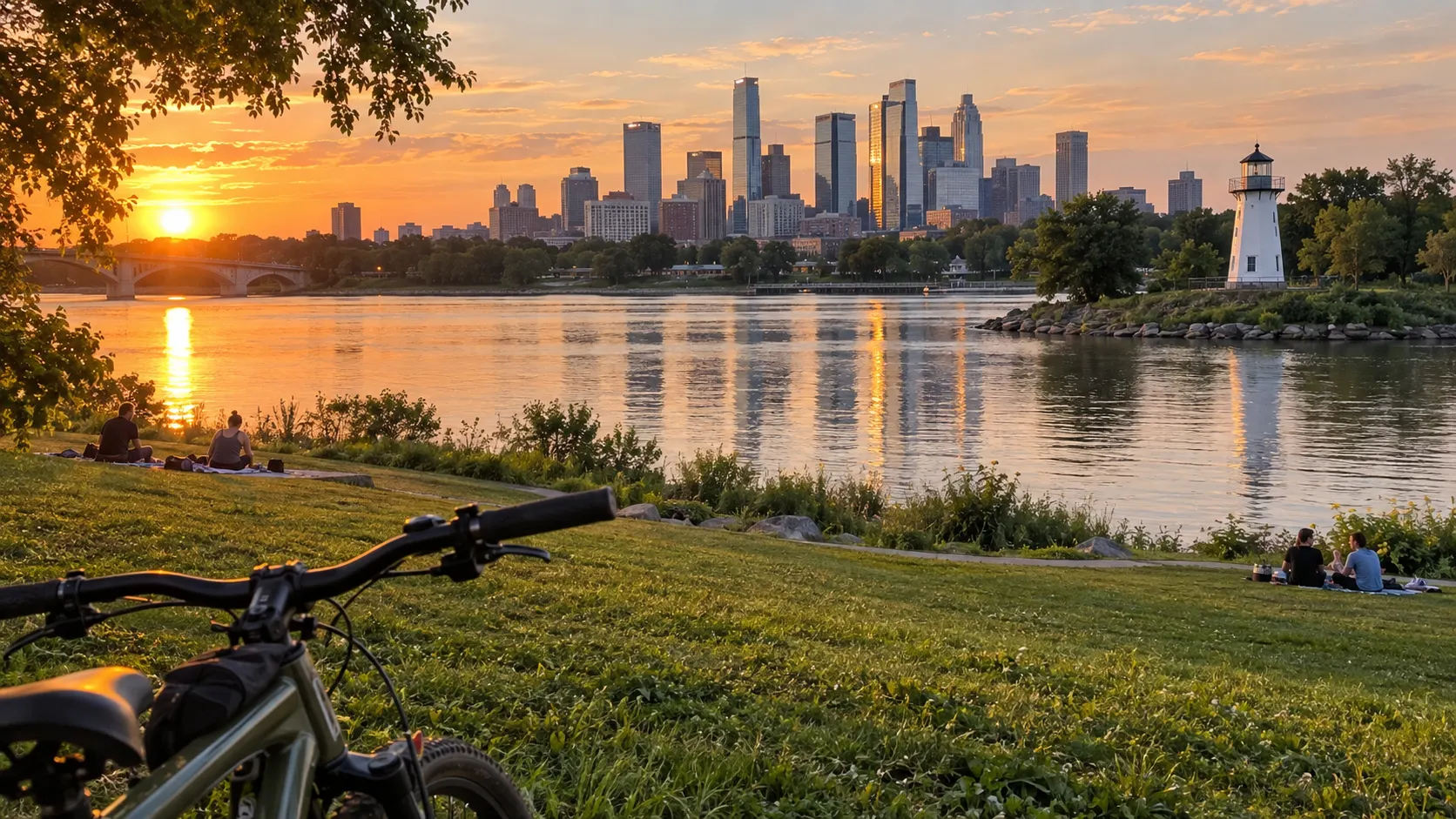 Minneapolis skyline reflected in the river from Boom Island Park.