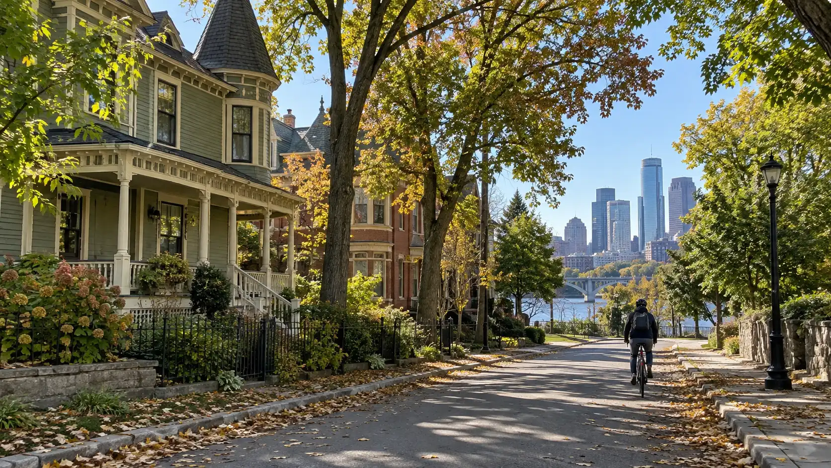 Leafy path past historic homes on Nicollet Island in Minneapolis.