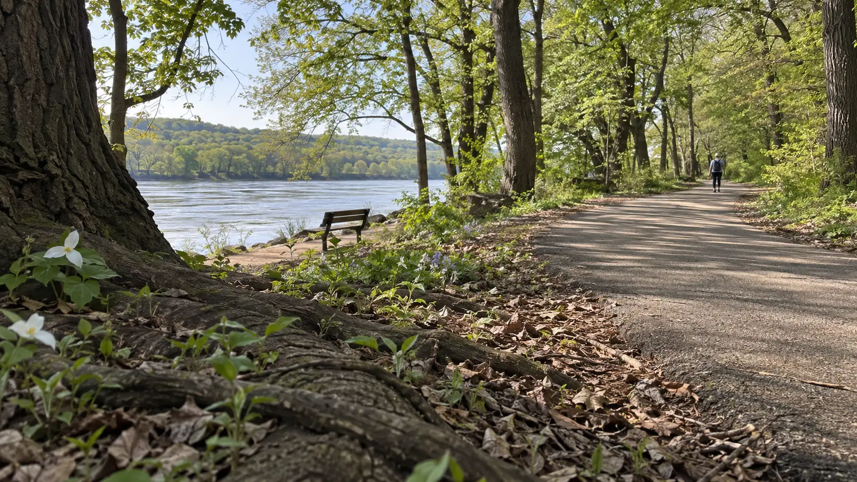 Quiet wooded trail along the Mississippi at Crosby Farm Regional Park.