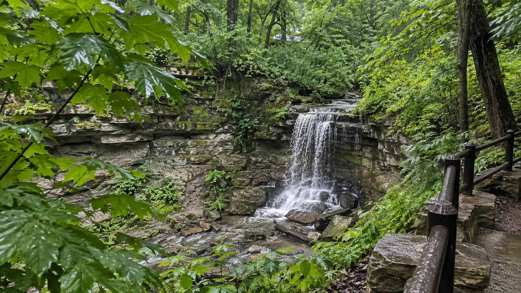 Small waterfall surrounded by autumn foliage at Hidden Falls Regional Park.