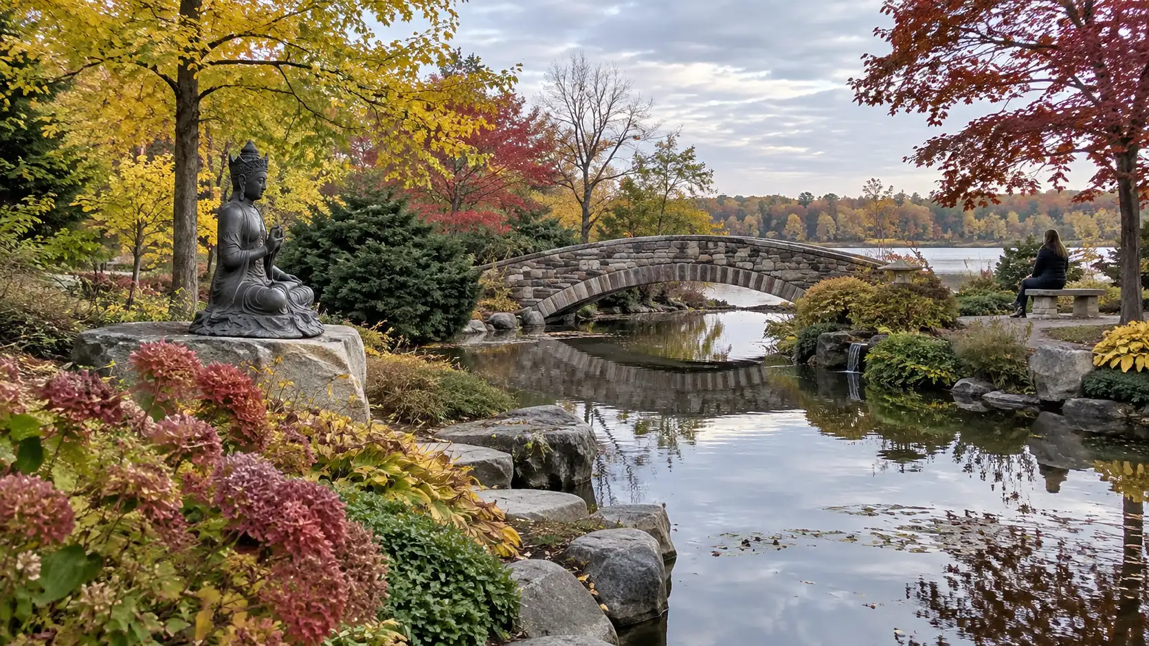 Stone bridge and landscaped paths in the Minneapolis Peace Garden.