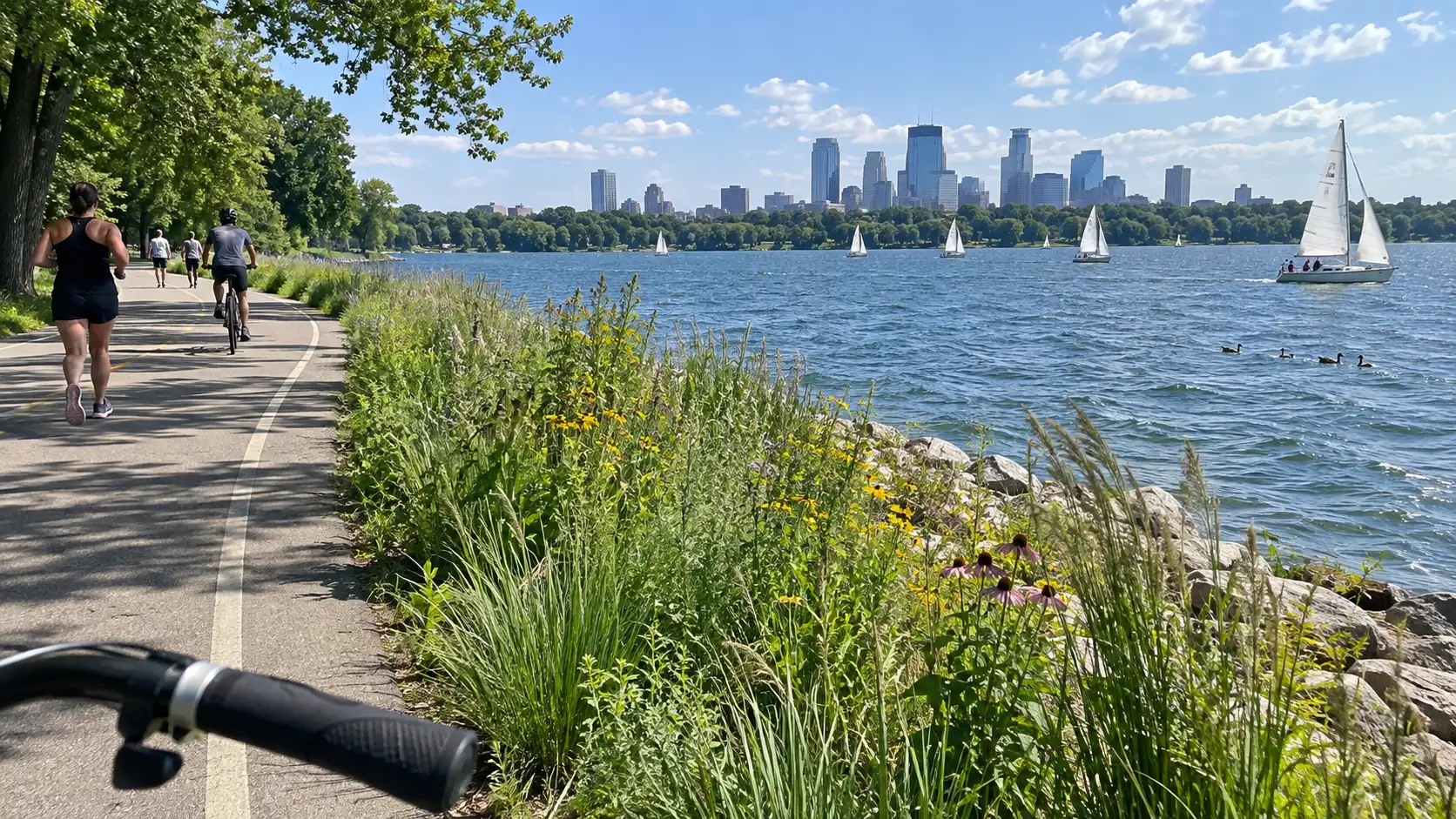 Lakeside path and Minneapolis skyline at Bde Maka Ska.