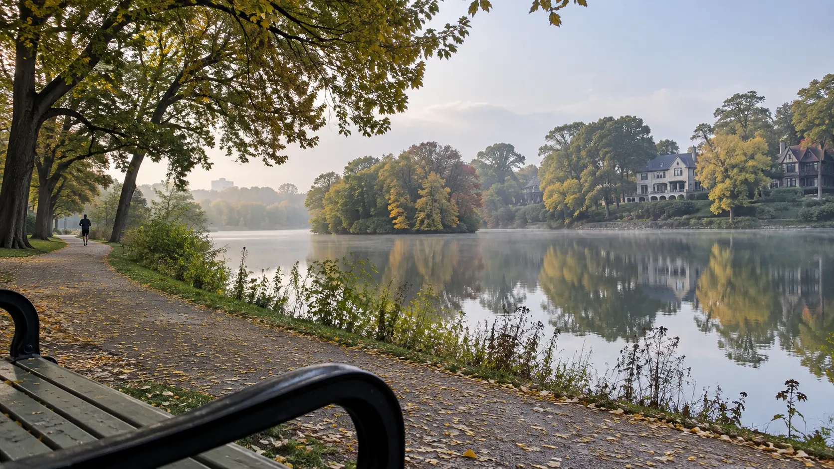 Calm water and stately homes along the Lake of the Isles loop.