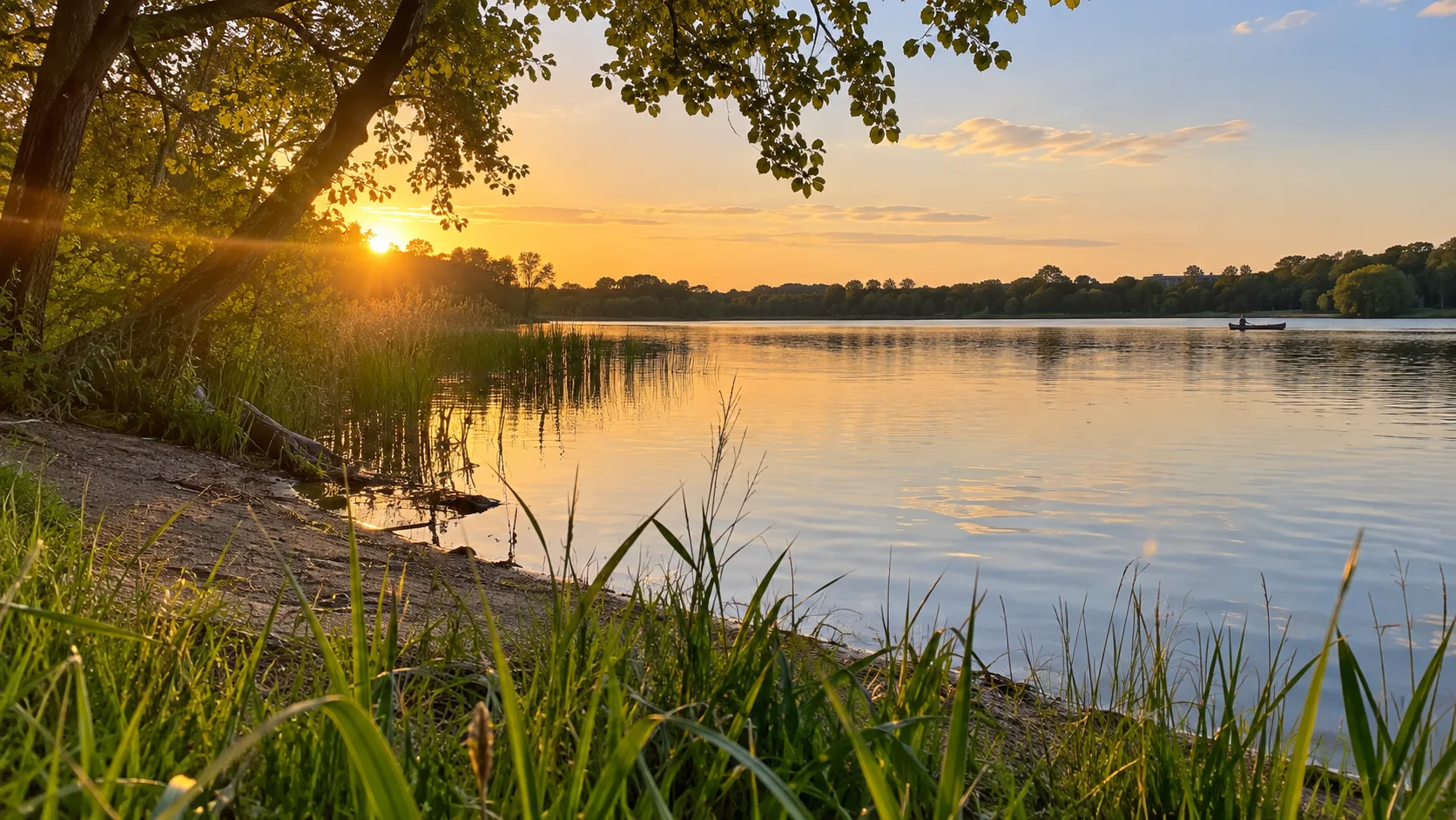 Peaceful sandy shoreline at Cedar Lake in Minneapolis.