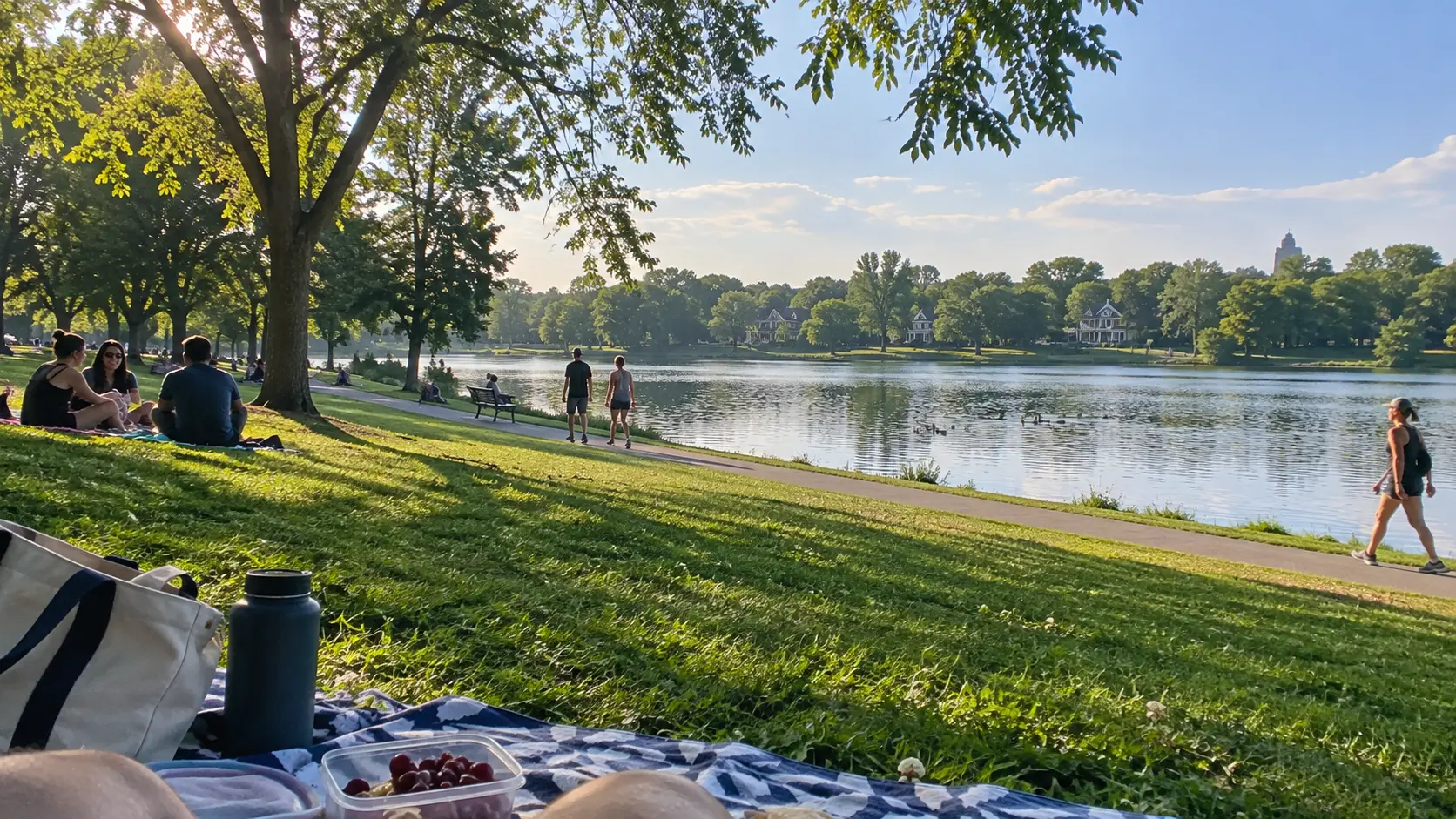 Green parkland and walking trail around Powderhorn Lake.