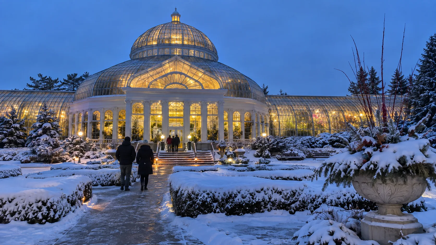 Tropical palms beneath the glass dome of Marjorie McNeely Conservatory.