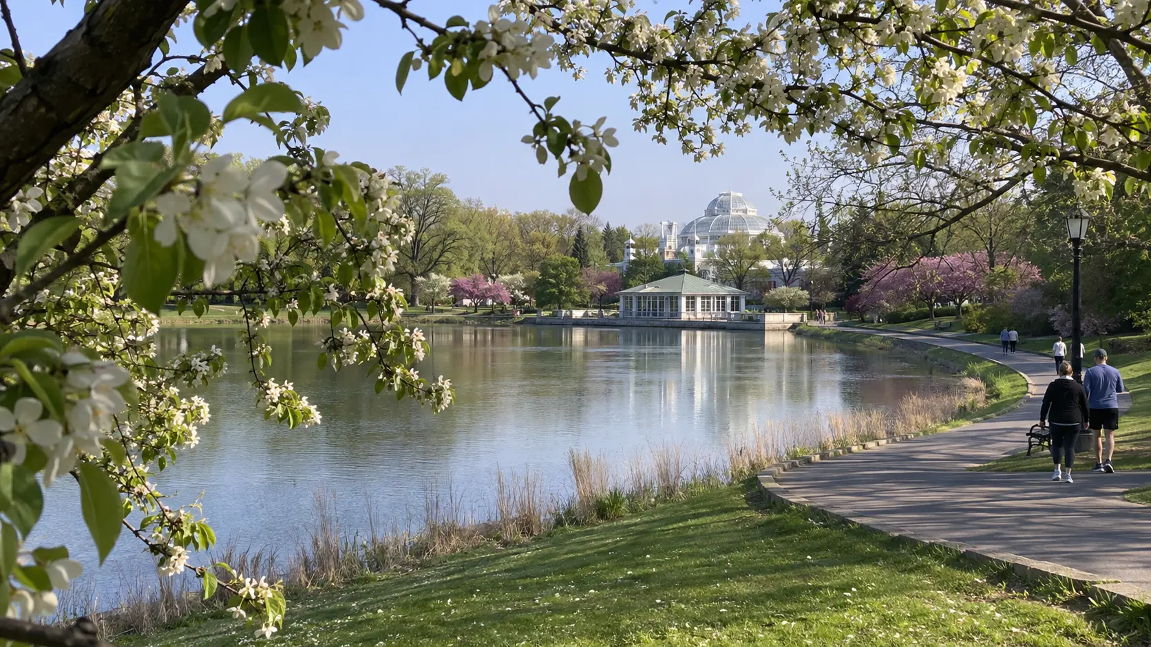 Lakeside walking path and pavilion at Como Lake.