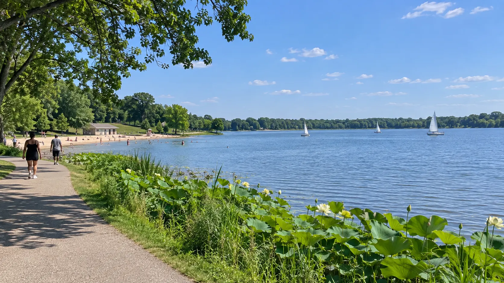 Walking trail beside blue water and trees at Lake Phalen.