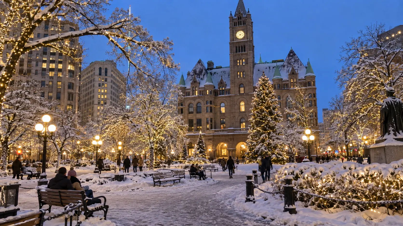 Landmark Center and fountain viewed from Rice Park in Saint Paul.