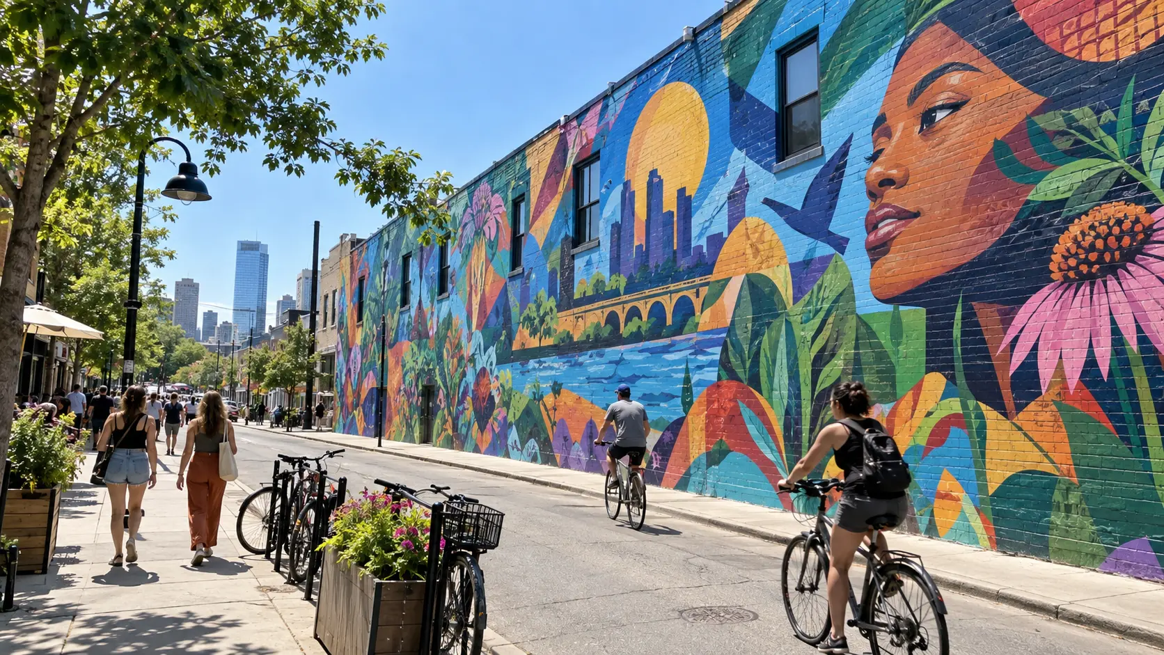 Colorful large-scale street mural on a Minneapolis building.