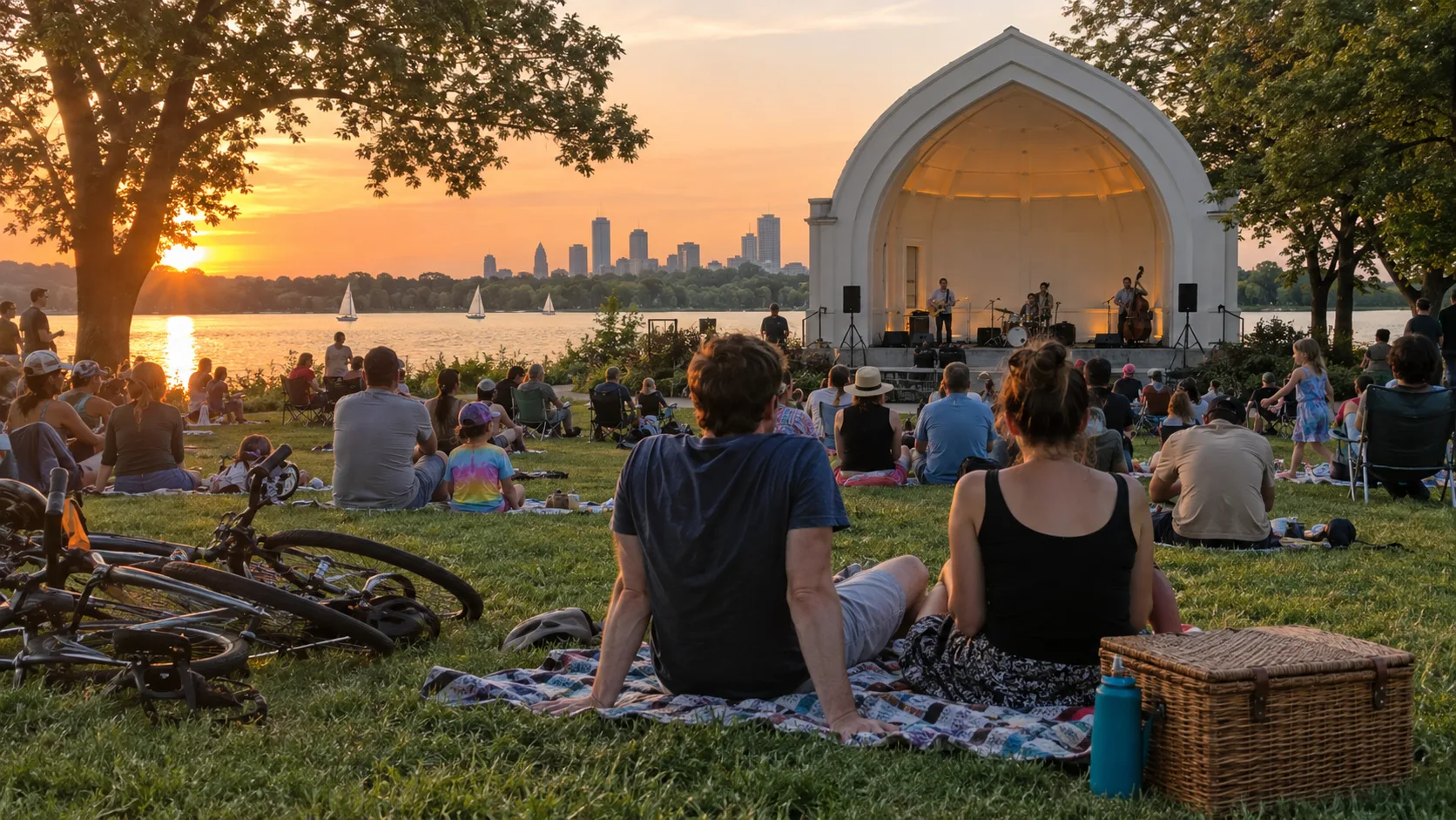 Outdoor summer concert on a park bandshell lawn in Minneapolis.