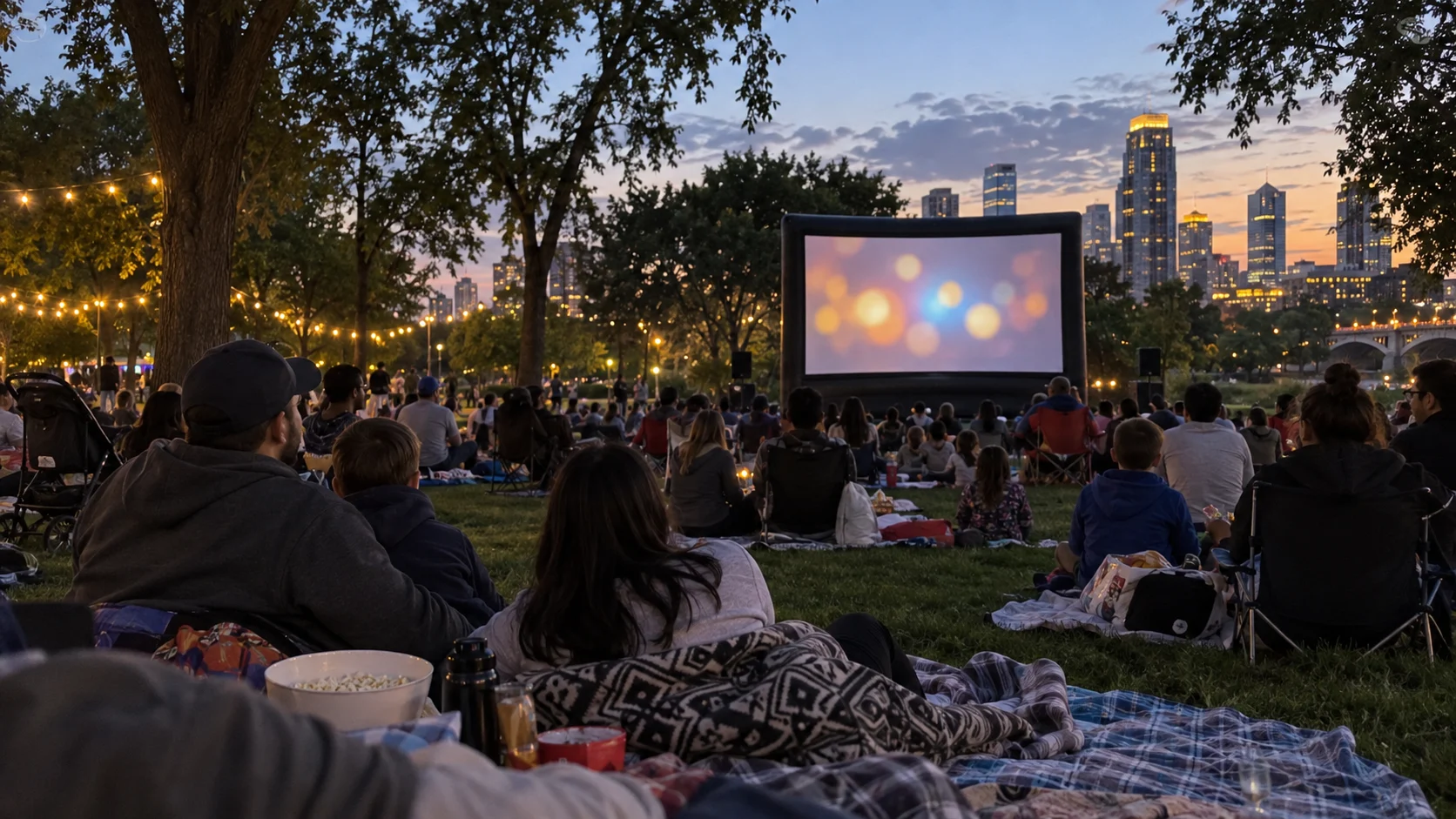 People watching an outdoor movie on a park lawn at dusk.
