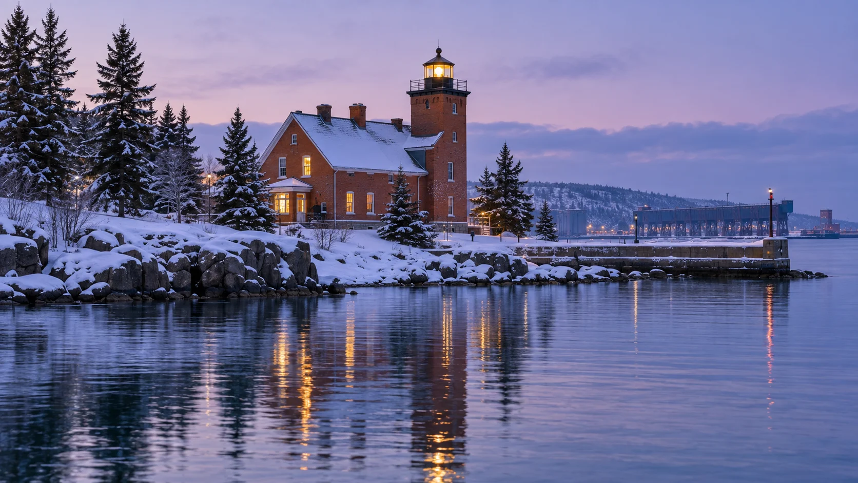 Two Harbors Lighthouse glows above snowy Agate Bay on a winter morning in Minnesota.