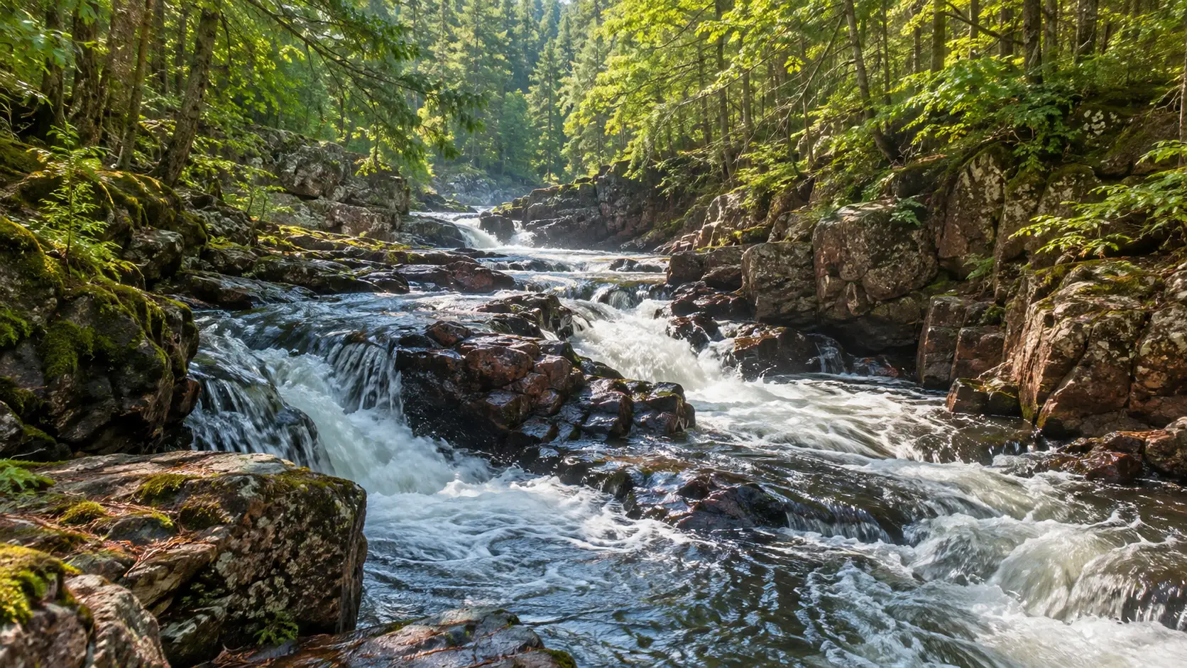 Tyler Forks cascades winding over mossy reddish rocks beneath a green Northwoods forest canopy.
