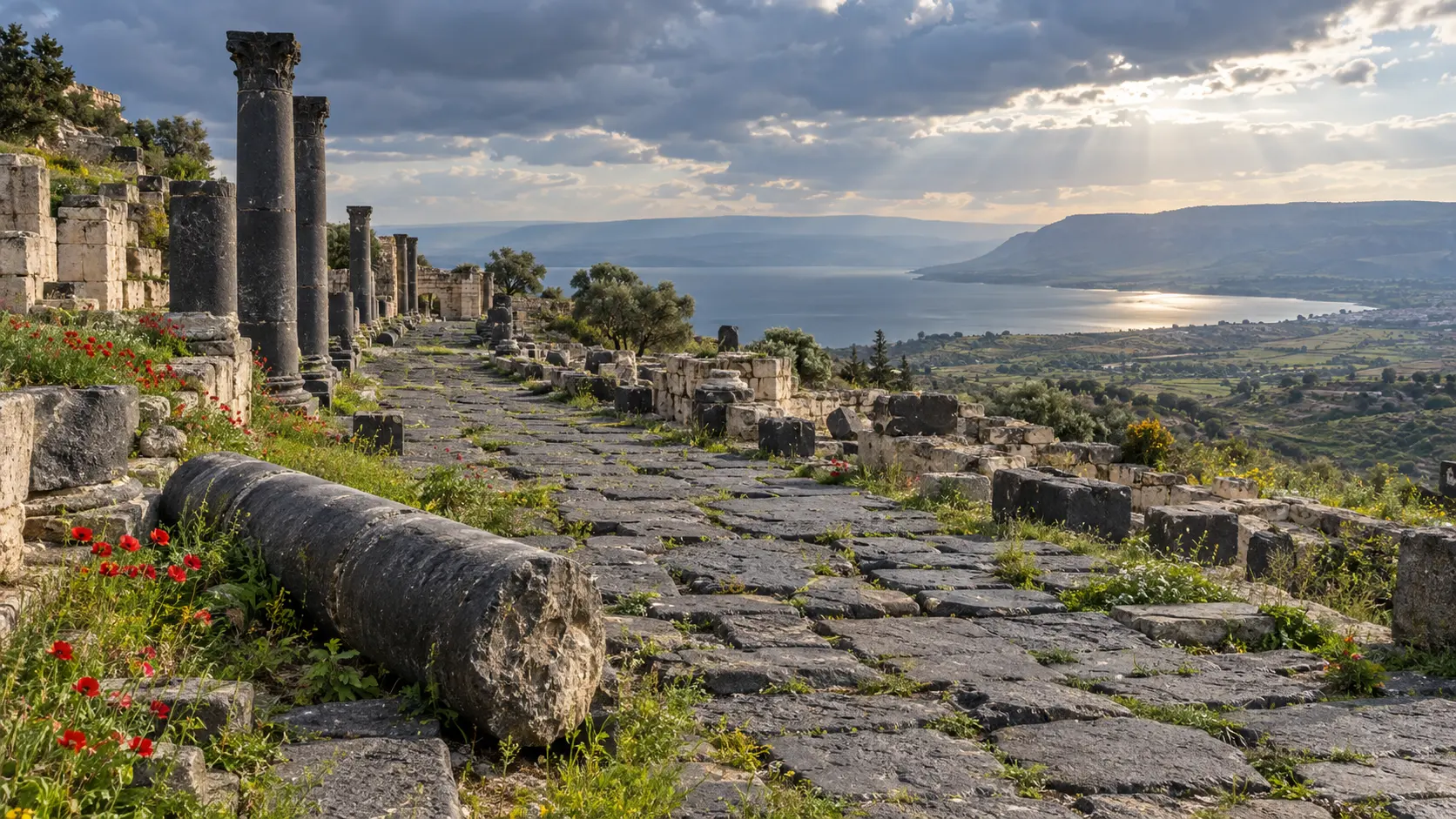 Black basalt Roman ruins and spring poppies at Umm Qais above the Sea of Galilee.