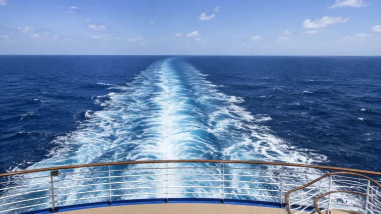 Long foamy wake stretches behind a ship across deep blue ocean.