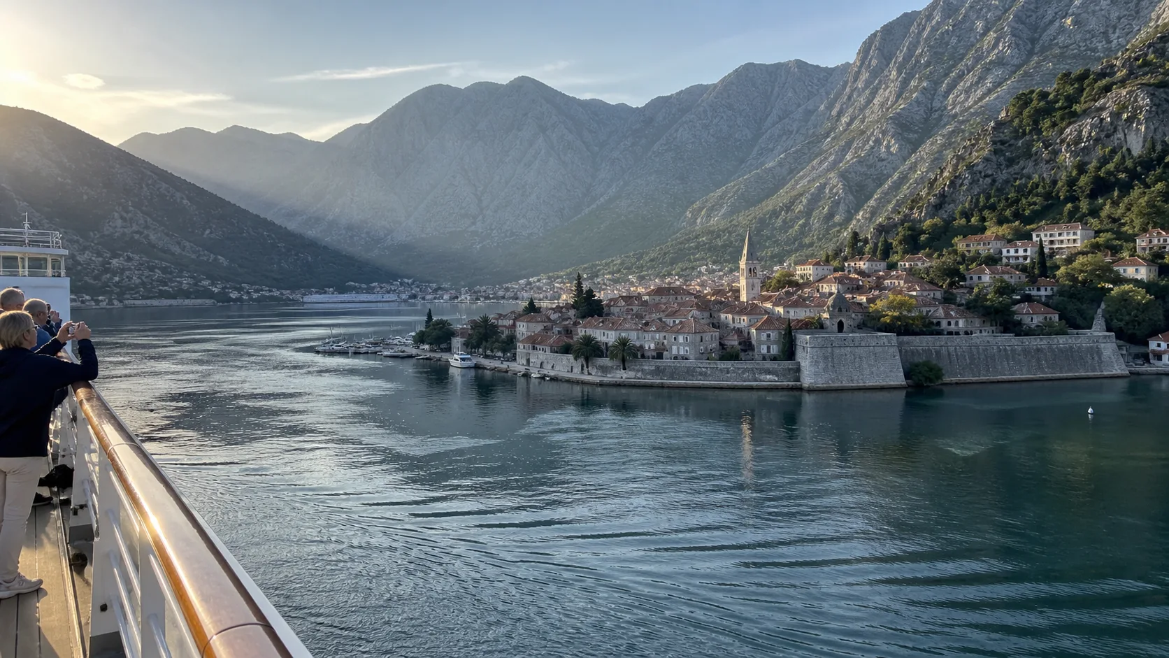 Cruise ship approaching Kotor's walled town through Montenegro's mountain-ringed bay