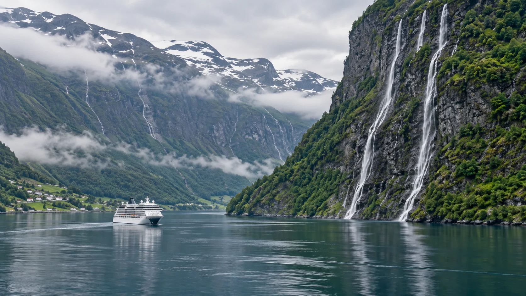 Cruise ship in Geirangerfjord beneath steep mountains and waterfalls in Norway
