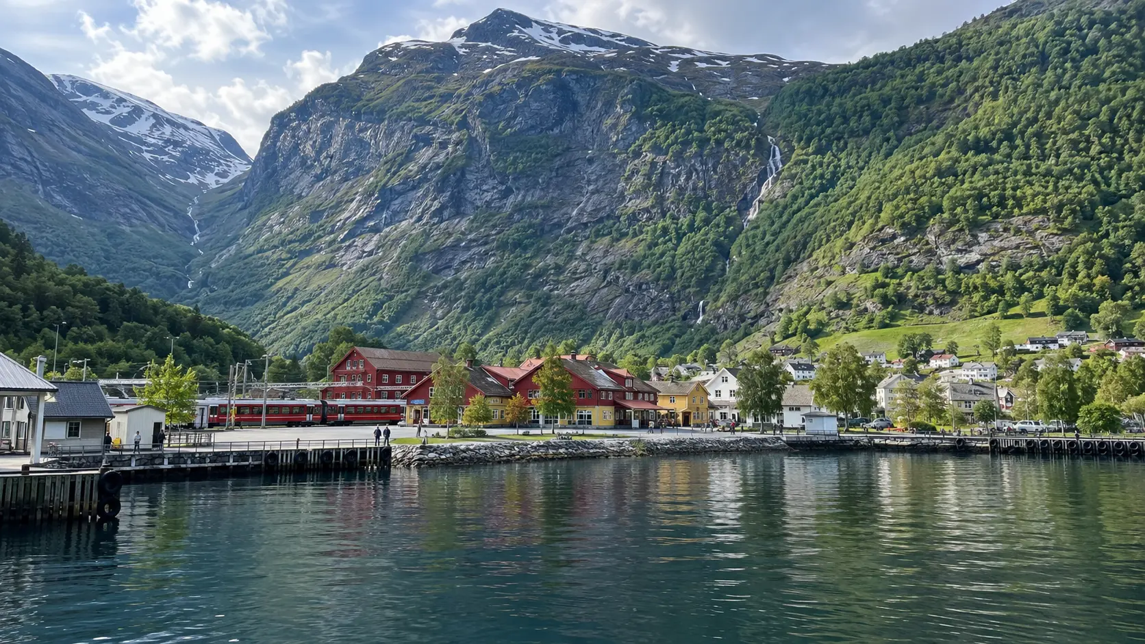 Flåm's waterfront village, railway, and mountains at the head of a Norwegian fjord