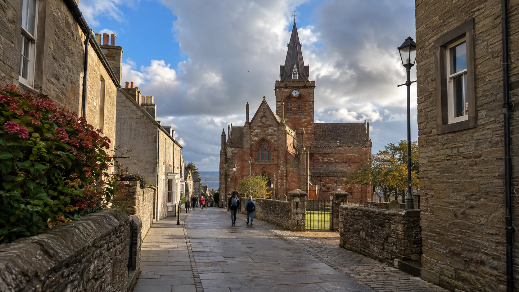 St Magnus Cathedral and historic Kirkwall streets on Orkney, Scotland