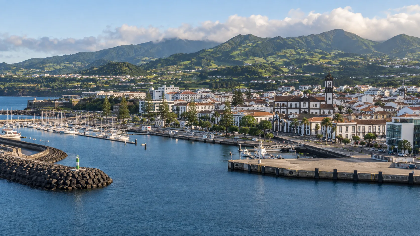 Ponta Delgada waterfront and volcanic São Miguel landscape in the Azores