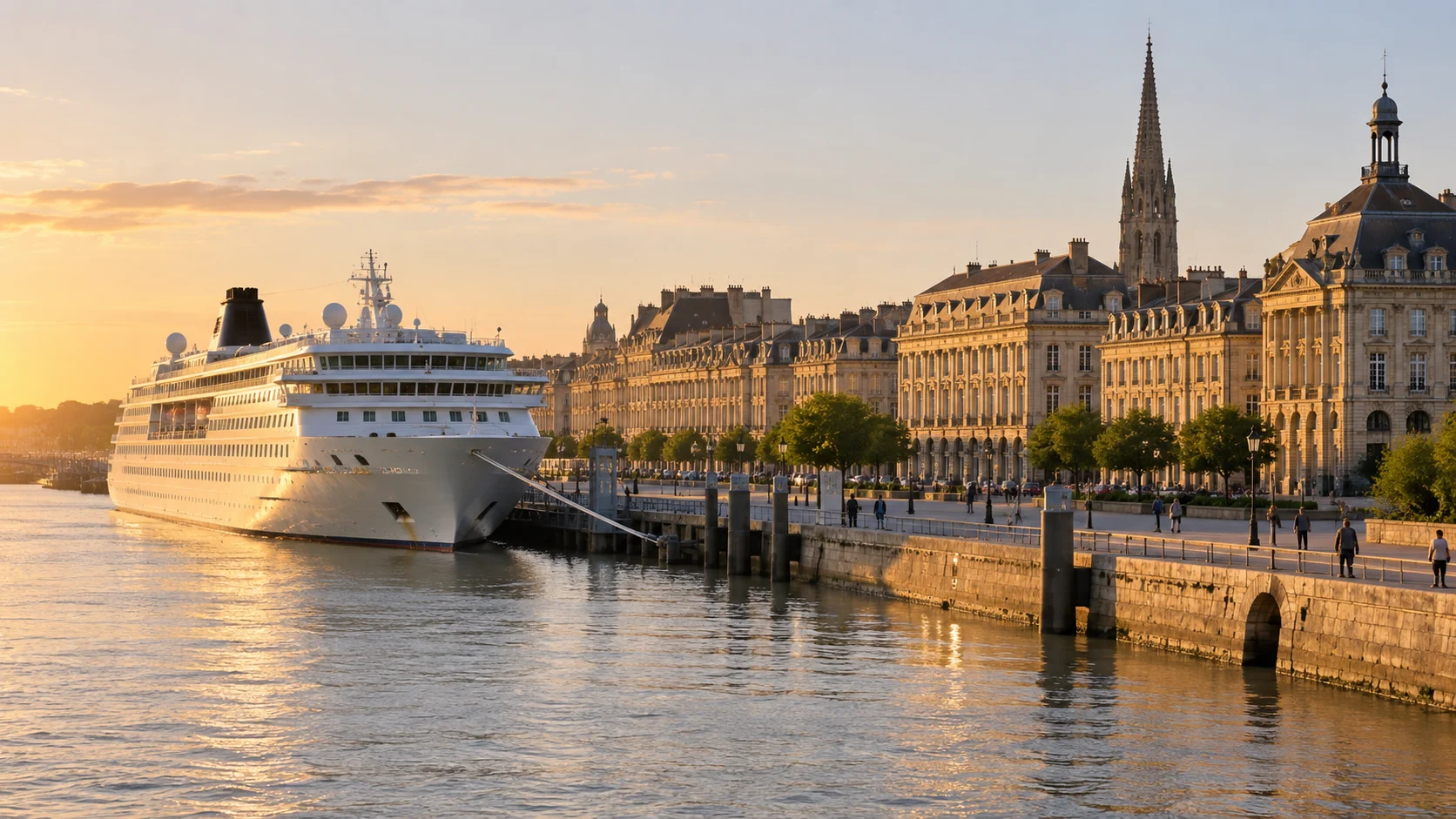 Small cruise ship docked along Bordeaux's historic Garonne riverfront