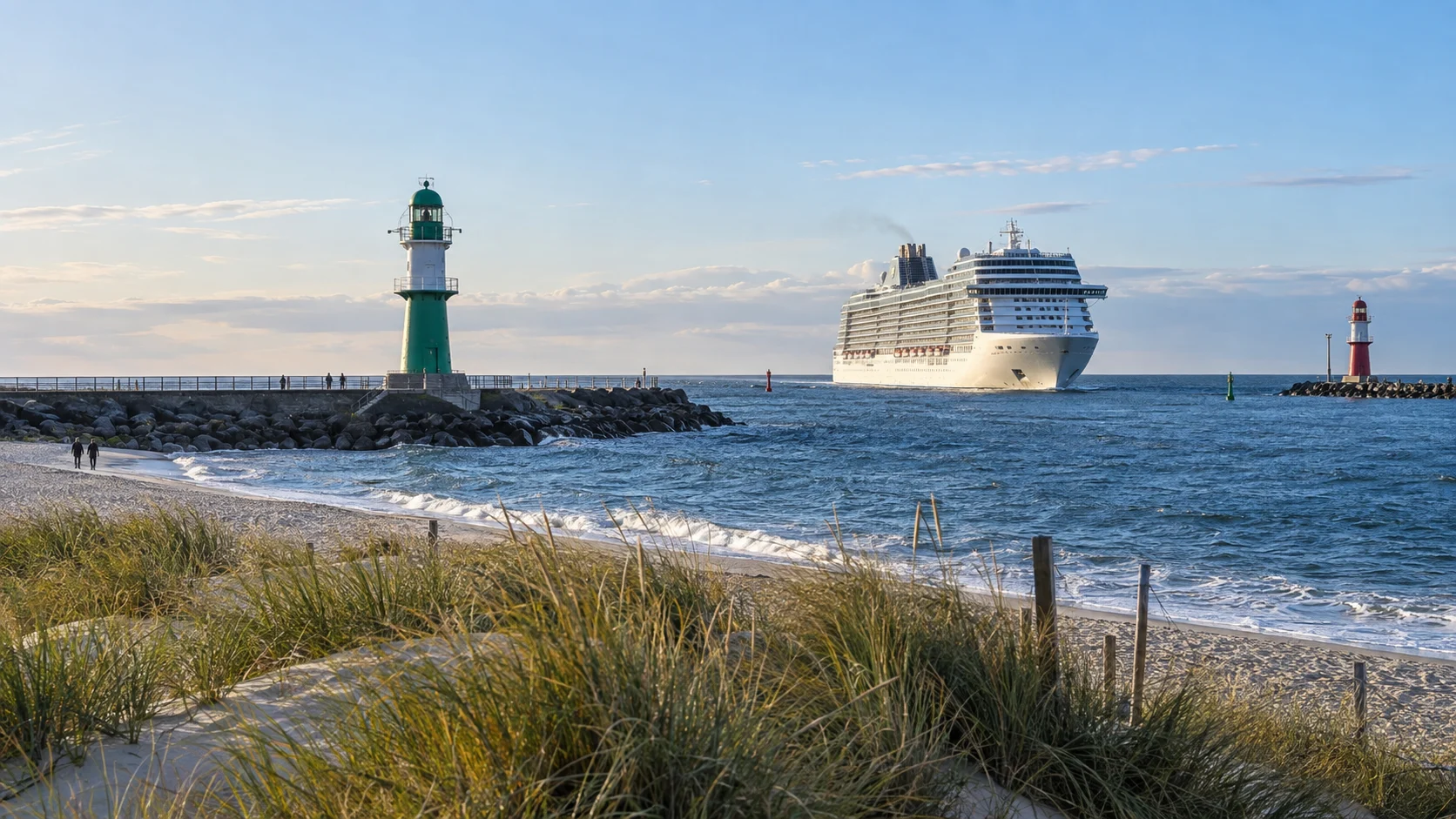 Warnemünde lighthouse and harbor entrance with a cruise ship in Germany